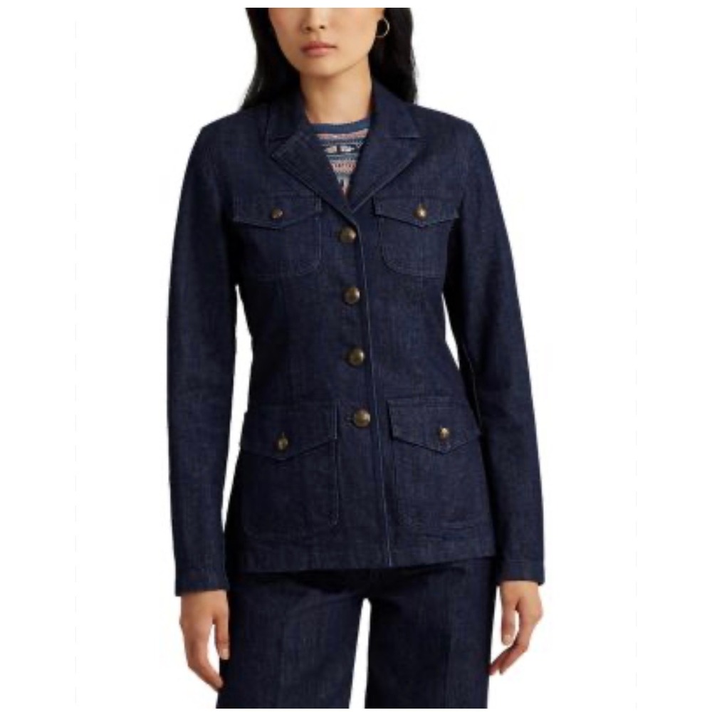 NWT Lauren Ralph Lauren Denim Field Jacket Women 4 Blue Gold Button Military‎
